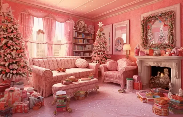 a Barbie living room on Christmas morning